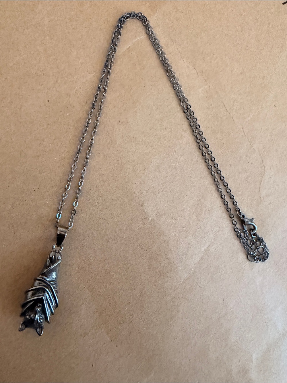 Hanging Bat Necklace In Gun Metal Finish Toned